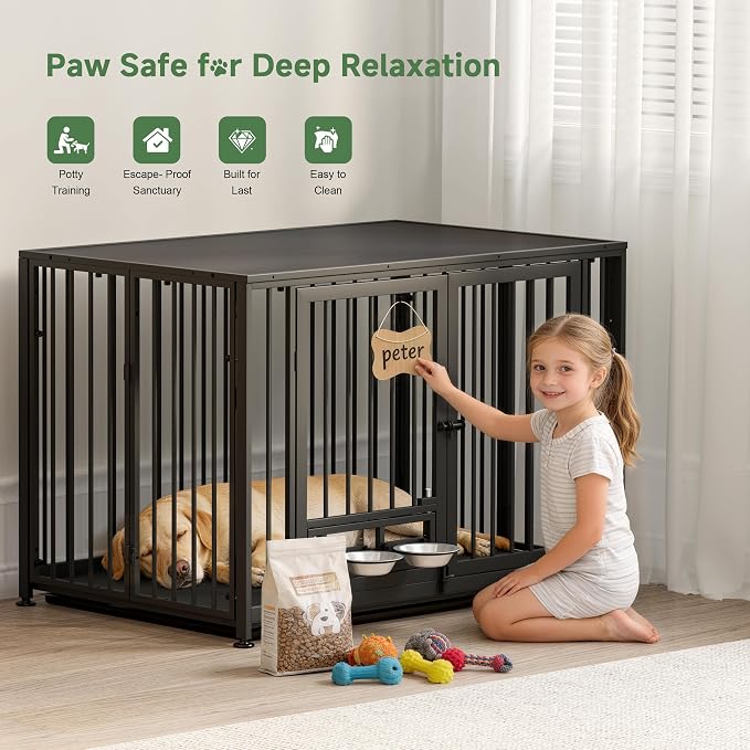 43.3" Heavy Duty Large Dog Crate with Wheels & Feeding Bowls, 3 in 1 Foldable Extra Large Dog Kennel & Playpen, Indestructible Escape-Proof Metal Dog Cage for Large Dogs, Indoor Outdoor, Black