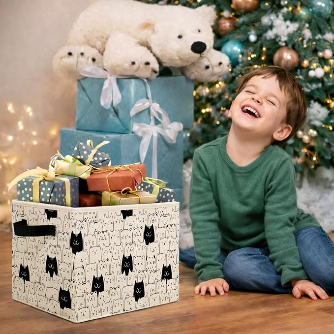 Doodle Cats Storage Bin, Foldable Fabric Organizer | Black and white doodle cat storage bin for toys, books, clothes, pet supplies, bedrooms, playrooms, shelves, and closets.