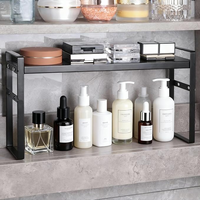 Expandable Narrow Medicine Cabinet Organizer Shelves Wide 3.58”,Metal Counter Storage Shelf Stand with Adjustable Layer and Non-Slip Pads for Cabinet,Kitchen,Pantry Small Space-Black