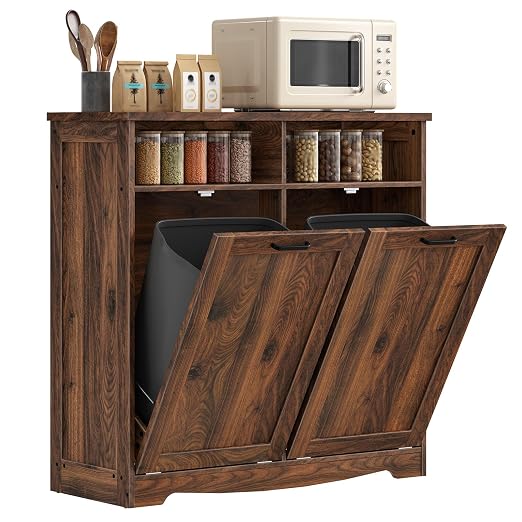HOOBRO Double Tilt Out Trash Can Cabinet, 20 Gallon Kitchen Trash Bin Cabinet, Hidden Trash Storage with Open Compartments, Hidden Laundry Hamper, for Kitchen, Laundry, Walnut WL04LJ01