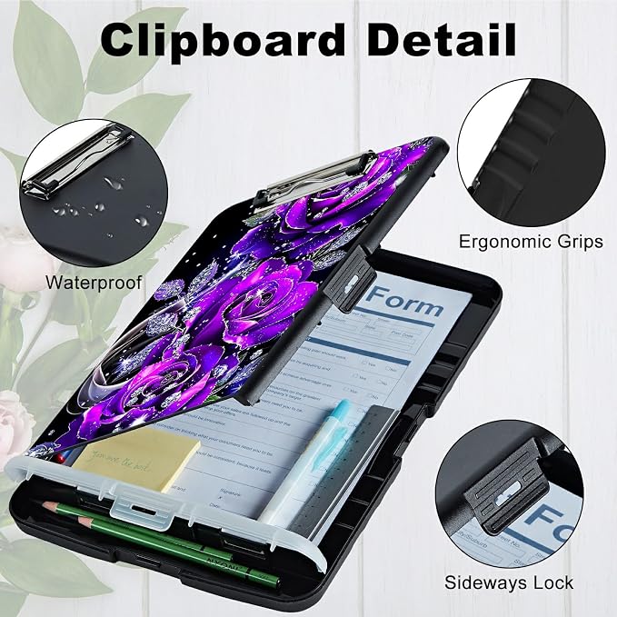 Purple Rose 01 A4 Clipboard with Storage Pen Holder, Clipboards Organizer Nursing Clipboard Foldable File Folder Plastic Clipboard Folio Clip Board for Office Students Classroom Doctor