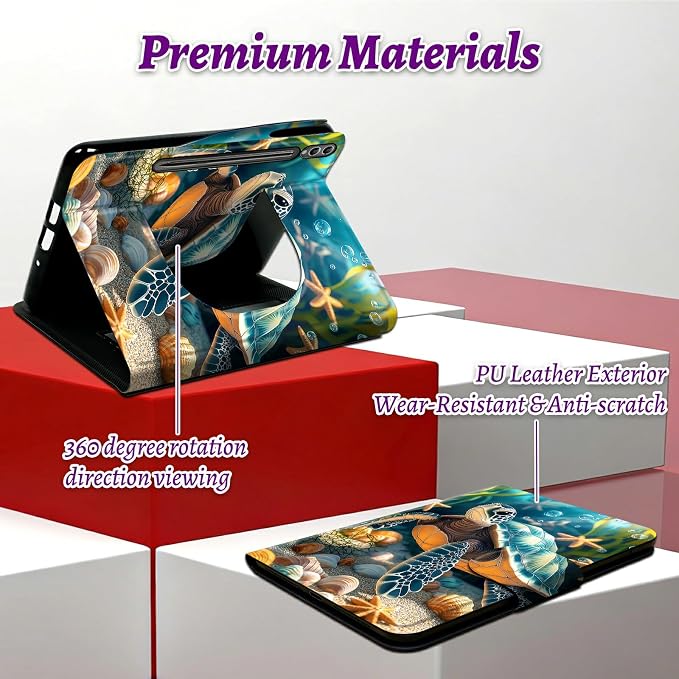 Rotating Handle Case for Samsung Galaxy Tab S8 Plus 2022/S7 FE 2021/S7 Plus 2020 12.4 Inch, 360 Degree Swivel Kickstand with Magnetic Closure Leather Protective Cover, Sea Turtle Seaweed