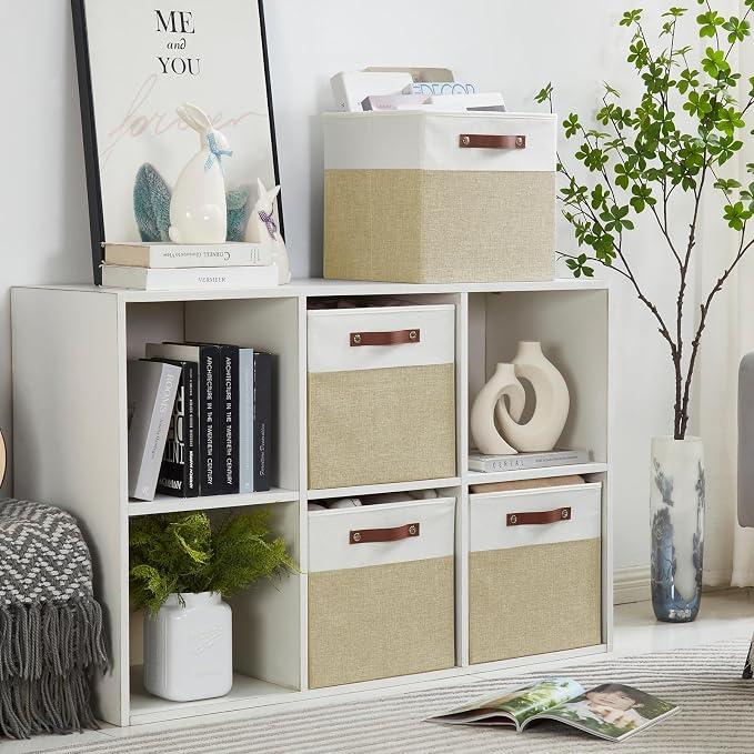 13x15x13 Storage Cube Bins, Foldable Storage Organizer Baskets, Fabric Cube Storage Boxes with 2 Reinforced PU Handles for Kallax, Shelves, Living Room | 4 Pack, Beige & White