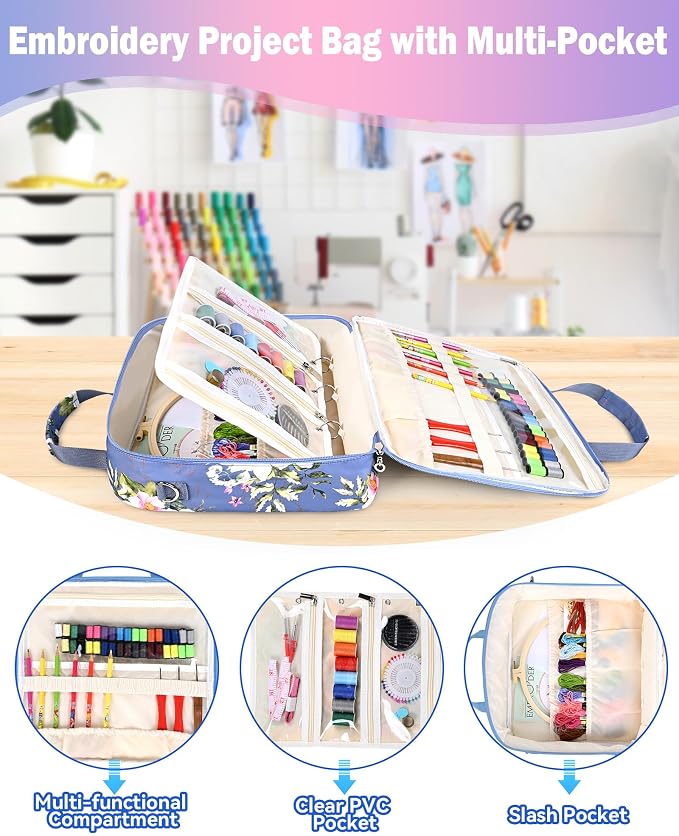 Telawsfun Embroidery Project Bag Organizer, Embroidery Supply Storage Bag with Removable Binder, Portable Carrying Tote for Thread Tools and Accessoriess, Bag Only (Flower)