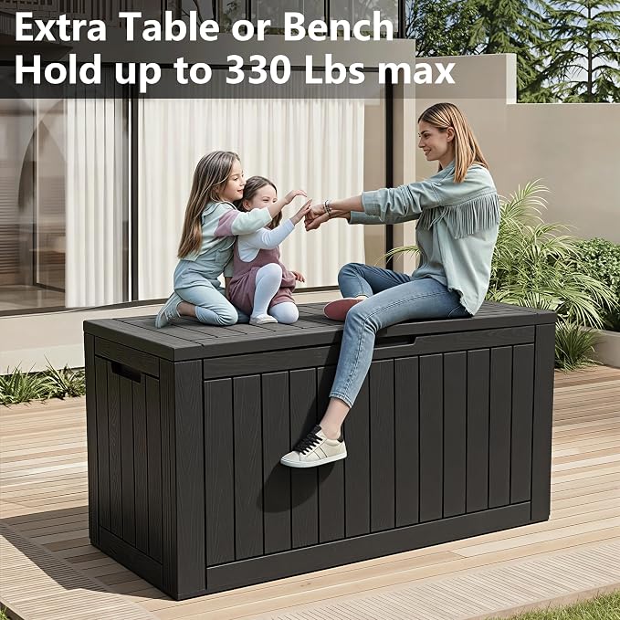 110 Gallon Waterproof Large Resin Deck Box, Lockable Large Outdoor Storage Box Indoor Outdoor Storage Container for Patio Cushions, Gardening Tools, Pool Supplies, Black