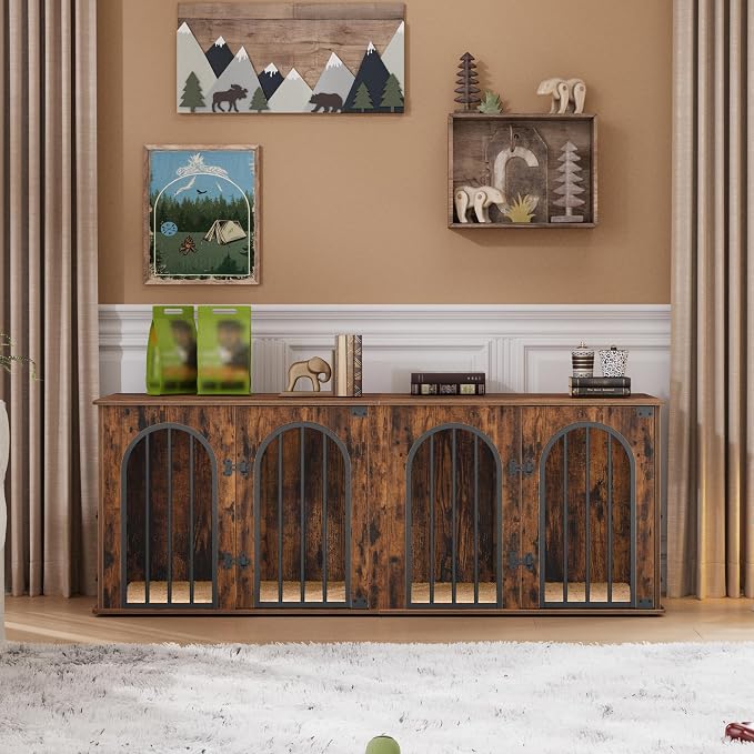 Hzuaneri 63" Double Dog Crate Furniture, Dog Kennel Indoor with Cushion | Heavy Duty Dog Crate Furniture for 2 Dogs,Dog Cage End Table TV Stand with Divider for Med-Large Dogs,Rustic Brown DFC80901B