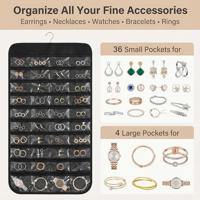 Hanging Jewelry Organizer with 80 Clear Pockets | Double Sided Jewelry Storage Organizer for Necklaces, Earrings and Accessories with Closet Hanging Design