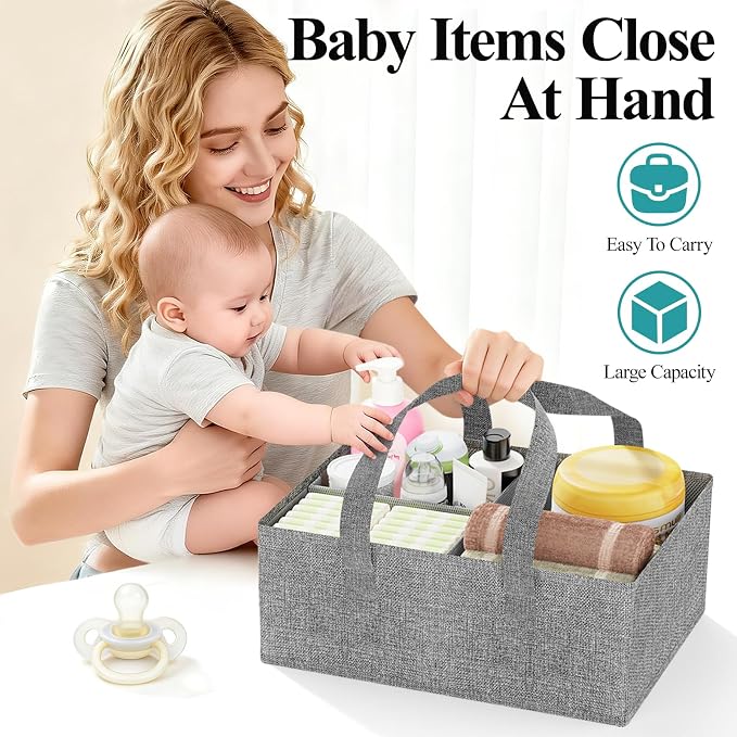 Bamboo Diaper Caddy Cart with Wheels - 3-Tier Rolling Storage，Grey | Removable bins, side pockets, sturdy handle, smooth wheels. For nursery, living room, laundry, pet. Natural bamboo, versatile