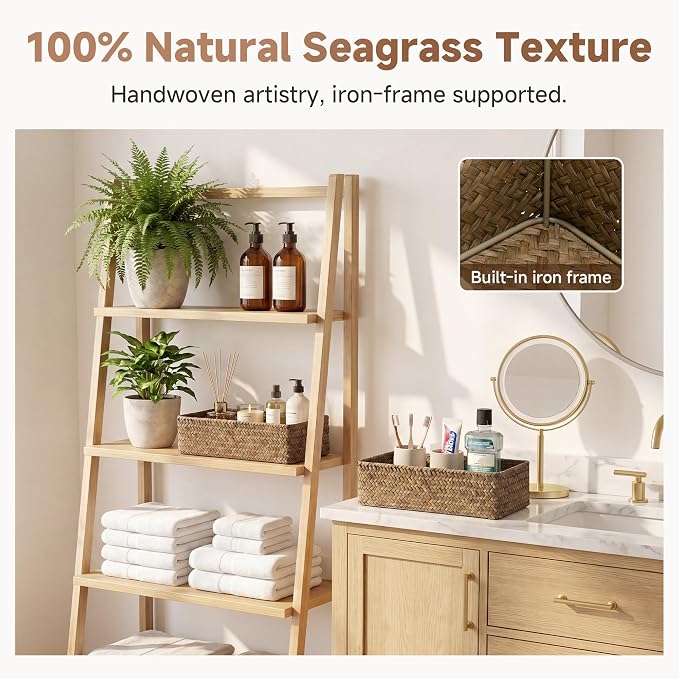StorageWorks Small Toilet Paper Basket for Back of Toilet Basket, Brown | Wicker Seagrass Baskets for Bathroom Decor, Decorative Bathroom Basket Organizer for Tank Topper, 2 Pack