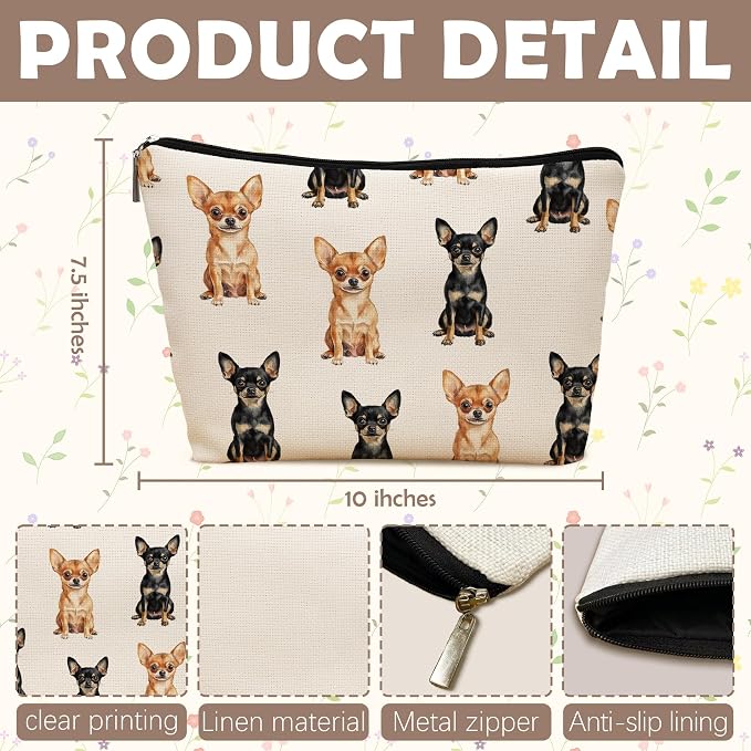 Chihuahua Dog Makeup Bag, Chihuahua Lovers Gifts Cosmetic Bag for Women, Dog Mom Lovers Owner Gifts for Women, Pet Lover Gift Zipper Travel Makeup Pouch for Purse