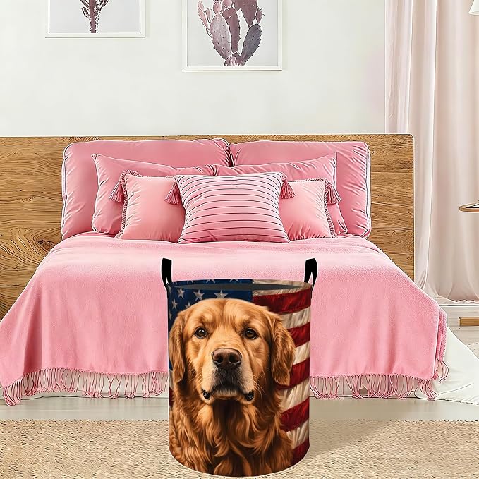 Patriotic Golden Retriever Laundry Basket Hamper 19.7"x15.8", Organizer Bins Gifts for Kids Boys Girls, American Flag Foldable Waterproof Oxford Clothes Storage Bucket for Bedroom Bathroom Decor