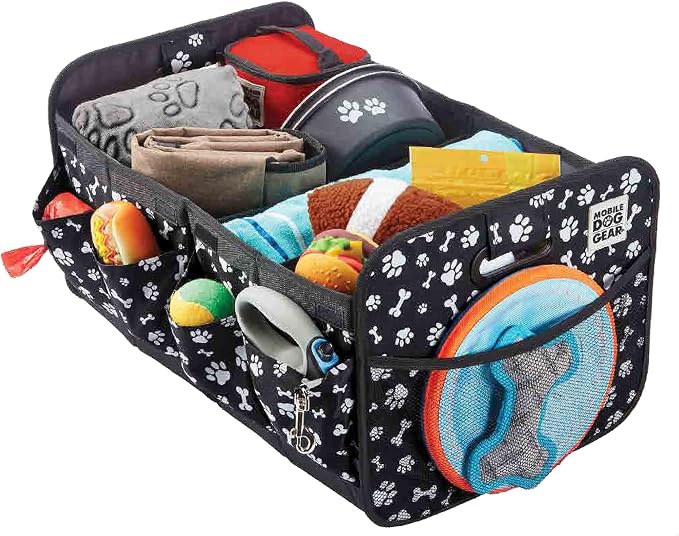Mobile Dog Gear, Dogssentials Collapsible Storage Organizer for Travel with Built-in Waste Bag Dispenser, Includes 1 Roll of Waste Bags, Black/White Paw Bone Print, Meets Airline Regulations