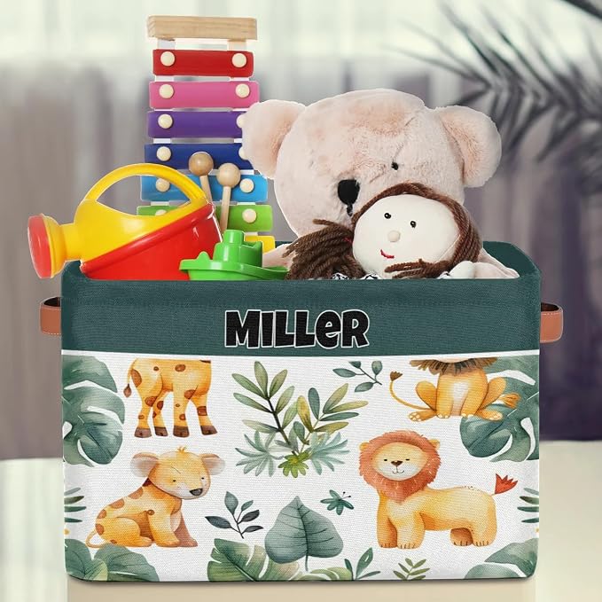 Custom Rectangular Baby Storage Basket, Kids Toys Bin, Books Shelf Basket, Clothes Towel Storage Bin for Nursery, Gift Basket, Pet Basket, Watercolor Leaf Animal Lion Koala