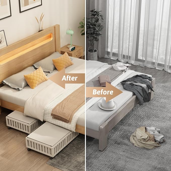 MHXW SXPN 2 Pack Bamboo Under Bed Storage Containers with Wheels, White | Underbed Drawer Storage with Bag, Wood Rolling Underbed Organizer for Shoes, Sheets Clothes Blanket Comforter, Under Crib Toy