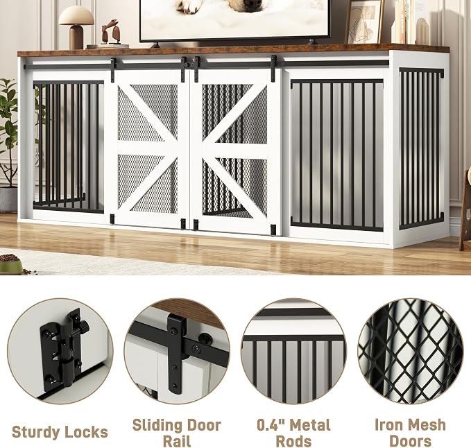 jiteentarou95In Farmhouse Dog Crate TV Stand, Wooden Dog Kennel Furniture with Sliding Metal Mesh Barn Door, Large Dog Crate Furniture for 2 Dogs, Solid Metal Tube & 2 Lockable Doors, White & Brown