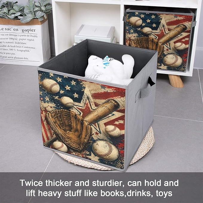 Baseball Glove Bat And Balls American Flag Design Storage Bin with Handles, Oxford Fabric Foldable Storage Cube Organizer for Clothes, Towels, Bedroom, Living Room, Home Organization