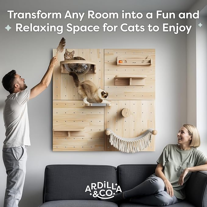 Ardilla & Co. Cat Wall Furniture – Wall-Mounted Modular Wooden Boards with 7 Moveable Accessories, Cat Wall Shelves, Hammock, Climber Steps, Perches, Walkways, Toy & Acrylic Bowl!