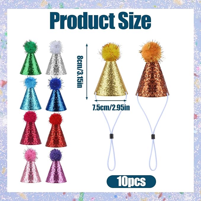 10 Pack Mini Dog Birthday Hats, Mini Party Hats for Small Dog & Cat, Small Party Hats for Stuffed Animals, Adjustable Tiny Pet Hats with Sequins for Birthday, Holiday & Costume Events