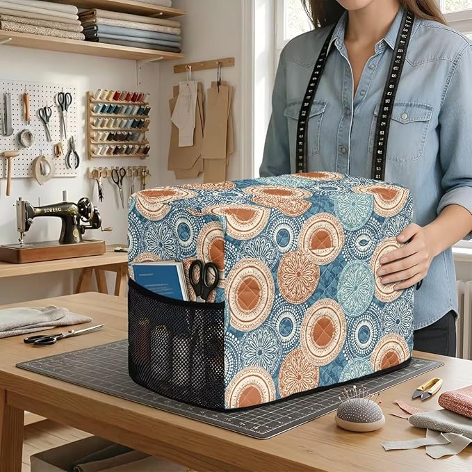 Sewing Machine Cover Polyester Febric Mandala Circle Vintage Print | Dust Pet Hair Protection,Quilting Design,Fits Standard Singer,Brother Janome Machines,Protecting Decorating Your Sewing Space