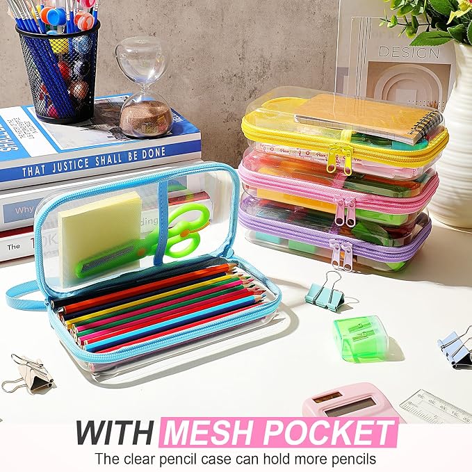 Sanwuta 4 Pcs Clear Hard Shell Zipper Case Clear Travel Pouches Bulk Plastic Portable Travel Organizer Bin with Mesh Pocket Toiletry Pouch Cosmetics Makeup Bag Snack Toiletry Bag(Macaron)