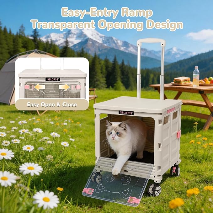 FELICON SELORSS Folding Utility Cart Portable Rolling Crate Handcart-Gray | Magnetic Sliding Lid+Lockable Transparent Front Panel,Telescoping Handle,4 Swivel Wheels Tote for Travel Shop Office Teacher