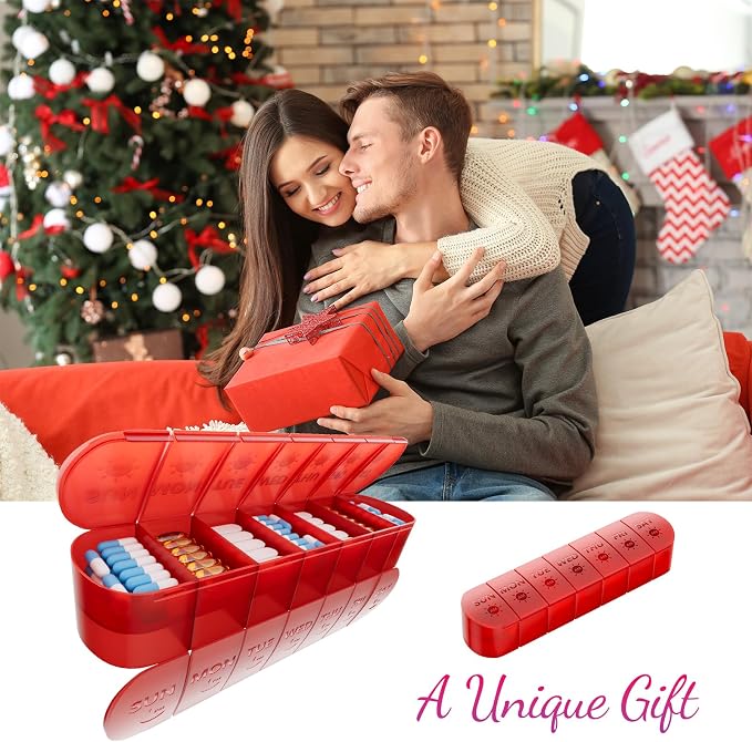 2 Layers Weekly Pill Organizer 2 Times a Day, Travel Medicine Pill Organizer, Pill Box Case 7 Day AM PM, Pill Container for Vitamins, Fish Oil, Supplements and Medication, Red