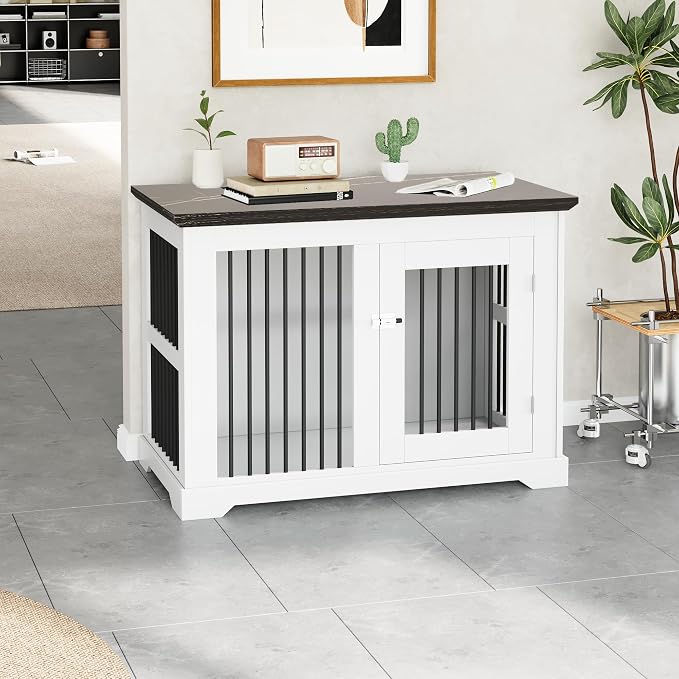 44" Wooden Dog Crate Furniture,Large Kennel Pet Cage End Table for Indoor | for XXL XL Medium Dogs, White and Black, Fits Living Room Bedroom, Heavy Duty Steel Frame with Lock 100 lbs Cap, 100 lbs Top.