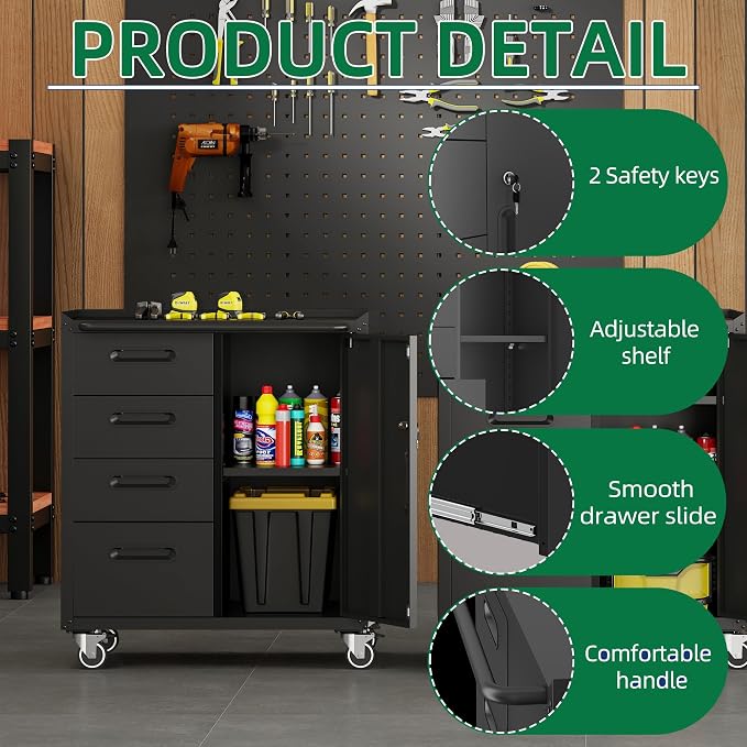 Metal Garage Storage Cabinets System, 5-Pcs Workshop Tool Cabinet Set,Black | Including 3 Pcs Wall Cabinets 2 Pcs Garage Tool Cabinets with Wheels,Assembly Required