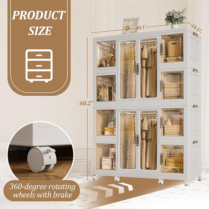 Portable Wardrobe Closet Organizer, Large Kids Wardrobe Closet with Magnetic Doors and Wheels, Collapsible Plastic Baby Clothes Storage Cabinet, 8 Cubes and 2 Wardrobes (18.1"D x 40.1"W x 60.2"H)