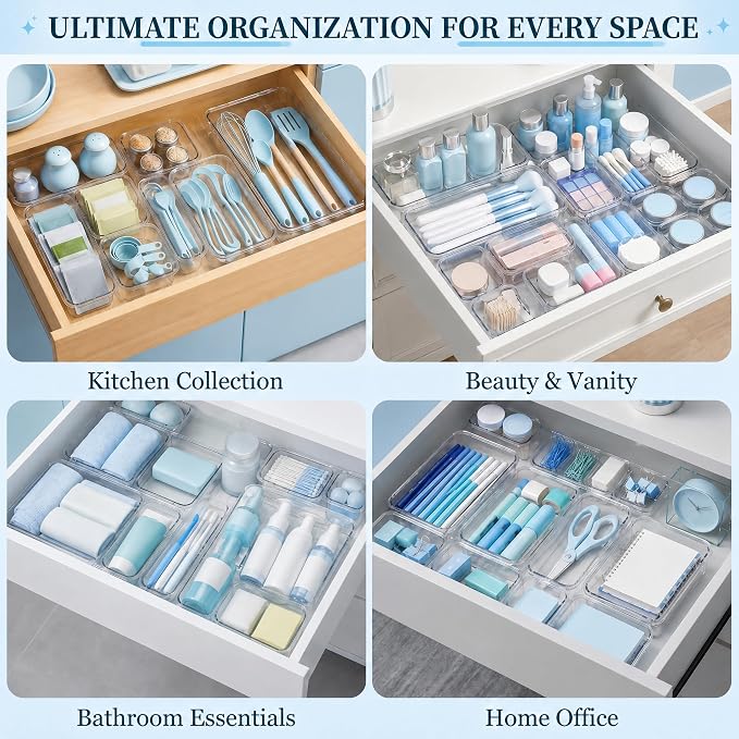 14 Pcs Expandable Clear Drawer Organizers, 3-Size Adjustable Storage Bins | Extendable Plastic Boxes, Thick Durable Arcrylic Bins for Makeup Jewelry Stationery Utensils Dresser Office Kitchen DIY Tools
