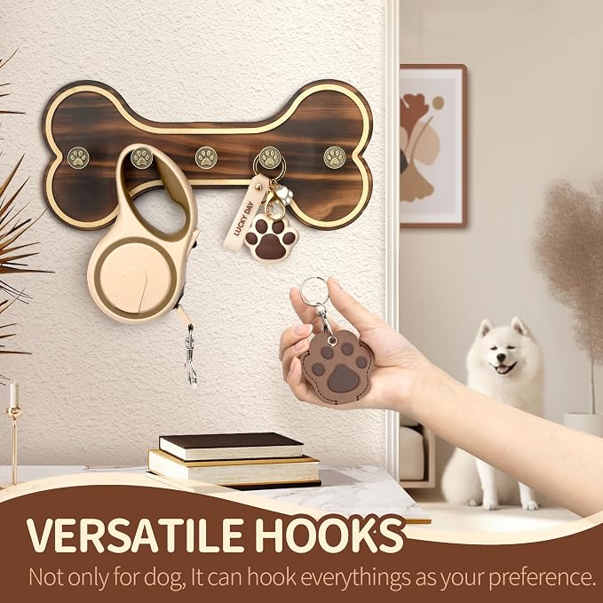 MTERSN Dog Leash Holder Wall Mount with Bone Shape, Entryway, Retro Brown