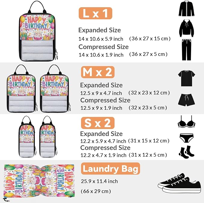 Happy Birthday 6 Set Compression Packing Cubes Colorful Balloons Expandable Packing Organizer for Travel Accessories Luggage Suitcase Bag