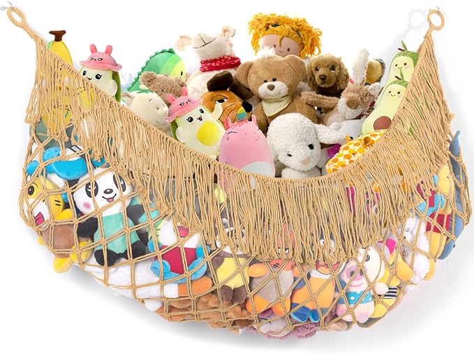 Stuffed Animal Hammock - Extra Large 63'' Long (Coffee color) | Premium Cotton Hand-knitted, Beautiful Long Tassel, Storage Hanging Organizer, Can Fit Stuffed Animals 40 Piece or More