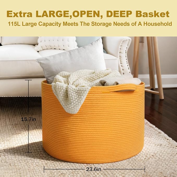 Extra Large 115L Orange Basket, 23.6"x15.7" Woven Cotton Rope Bins for Blankets, XXXL Baby Nursery Laundry Towel Basket, Oversized Kids Dog Toy Storage Box, Orange Living Room Decor Organizer