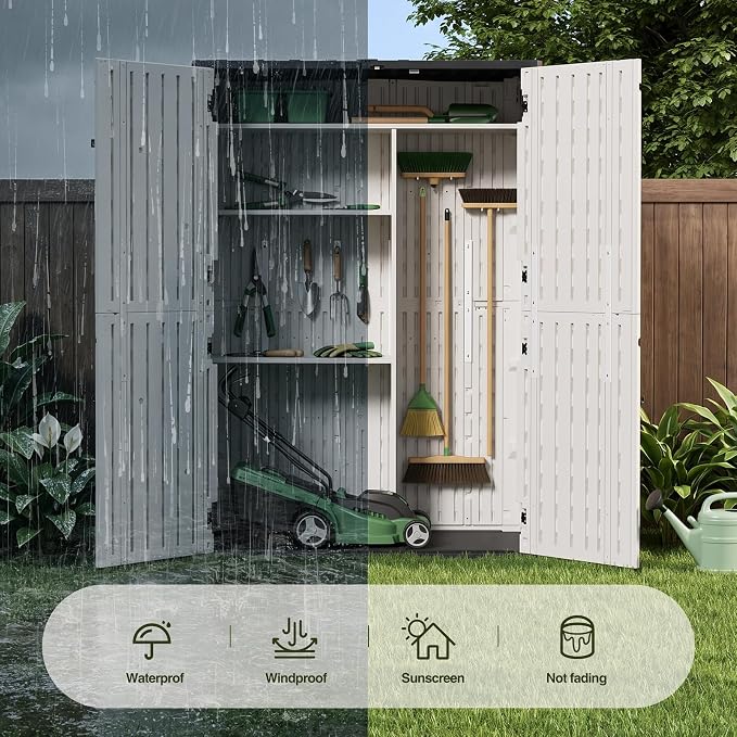 65 Cu.Ft Resin Outdoor Storage Shed with 5 Shelves & Floor, Weatherproof Plastic Vertical Outdoor Storage Cabinet for Garden Backyard Patio Pool Tool