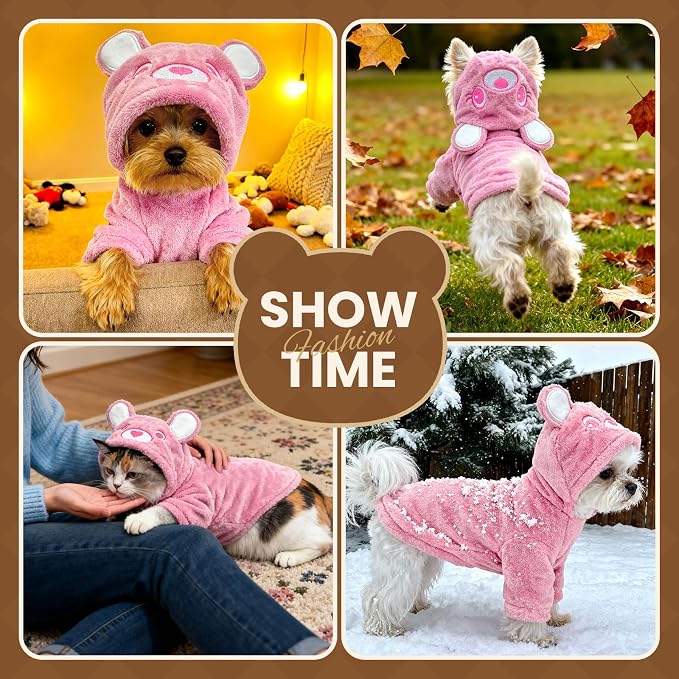 Dog Hoodie with Bear Ears Fleece Dog Valentines Sweater for Small Dogs French Bulldog Clothes Puppy Costume for Small Dogs XS Winter Clothes Cozy Pet Fleece for Cats
