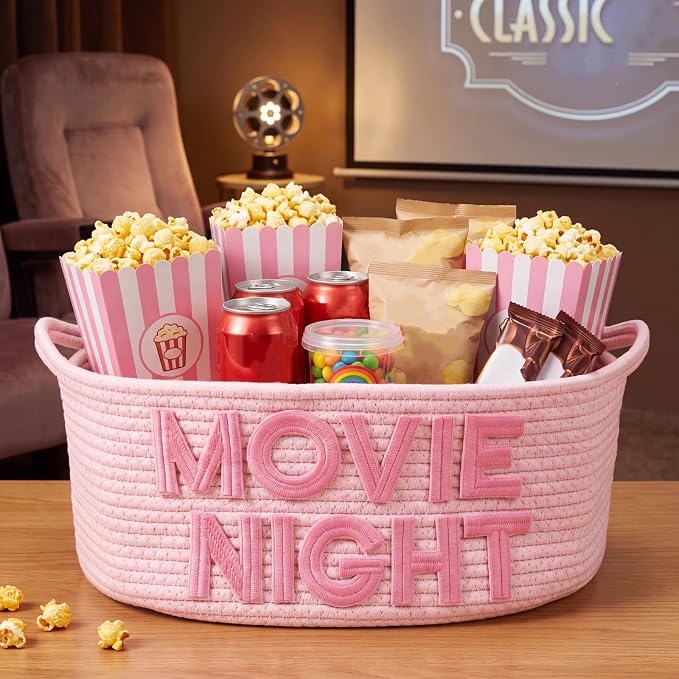 Movie Night Gift Basket with Handles, Cotton Rope Storage Snack Tray | 17"x13"x7" Woven Storage Popcorn Container Large Snack Basket for Movie Night Family Room Home Theater Birthday Party Decor