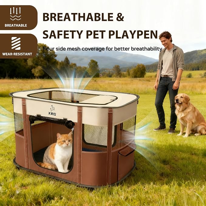 XRG Foldable Pet Playpen,Indoor Cat cage Puppy Crates L(35.4"x27.6"x23.6") | Portable Dog Crates with Upgrade Breathable Mesh，Sturdy Cat Kennel Indoor & Outdoor for Rabbit or Small Animals，Brown