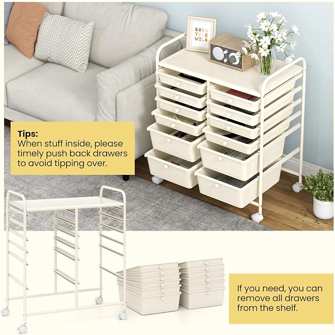 12 Drawer Rolling Storage Cart, Art Cart Organizer on Wheels, Mobile Utility Cart with Drawers, Multipurpose Craft Drawers for Home Office School Classroom (White)