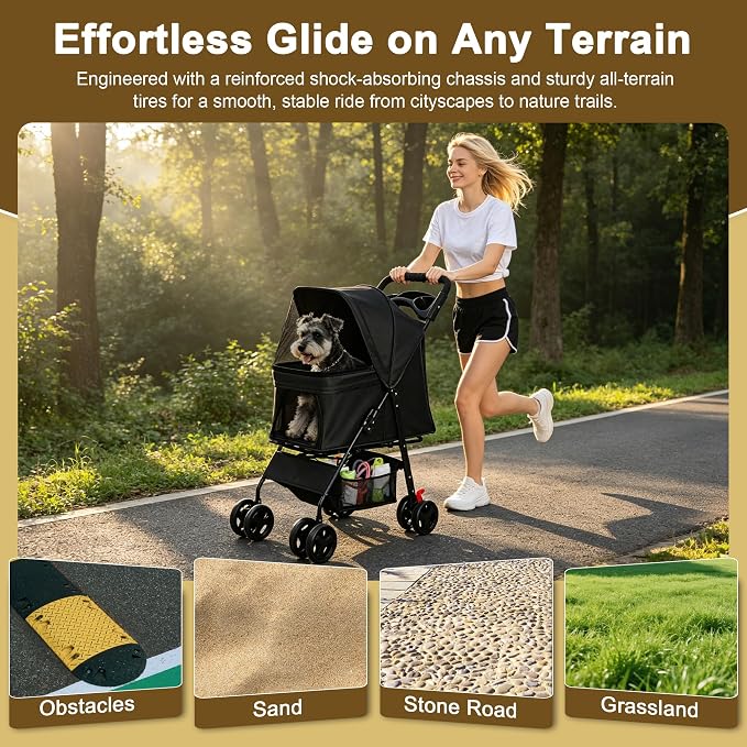 Foldable Pet Stroller for Small Dogs & Cats Up to 28 lbs, 360° Mesh