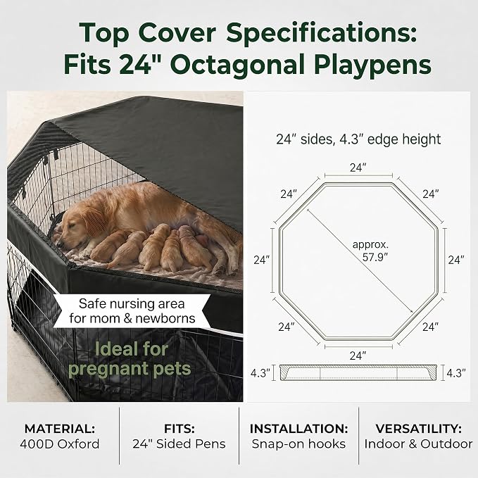 PJYuCien Puppy Playpen with Top Cover & Bottom Pad, 8 Panels 36" H, Black | 24"W, Medium Pet Safe Sanctuary, Foldable Octagonal Pen, Versatile, Indoor & Outdoor, Backyard Pasture, Protects Floors