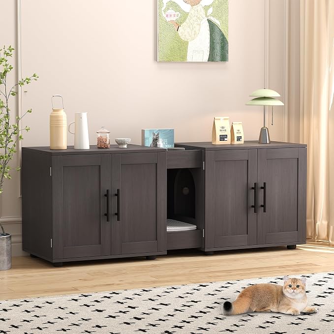 55" Cat Litter Box Enclosure Furniture, Wooden Hidden Litter Box Cabinet with Barn Door & Double Rooms, 3 in 1 Large Cat Litter Cabinet Pet Furniture for Living Room & Bedroom