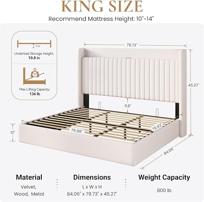SHA CERLIN King Size Lift Up Storage Bed Frame, Charging Station, White | Storage Headboard with Charging Station, USB, Type-C Port Velvet Hydraulic Storage Bed No Box Spring Needed Noise Free
