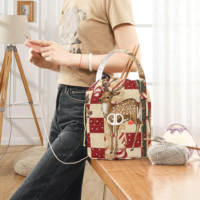 Tatenale Crochet Bag Yarn Bag Knitting Project Bag with Pockets and Handle Portable Yarn Storage Organizer Tangle Free 8.3x11 InchChristmas Deers Checkered Red Candy Canes41