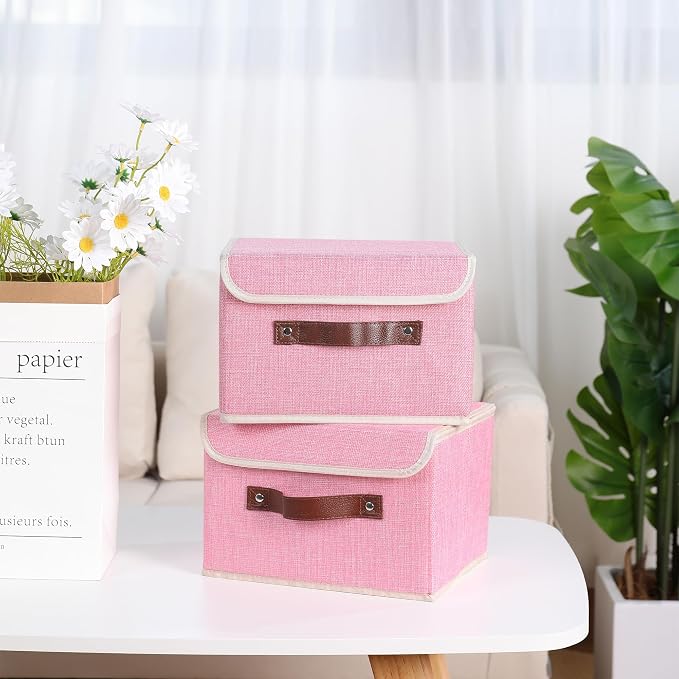 ANMINY Fabric Storage Box Bins with Lids, Pink, 10"x8"x7", 2 Pack | Keepsake Memory Storage, Cotton Linen, PP Board Reinforced, Washable, PU Handles, Foldable & Stackable, Decorative, Small