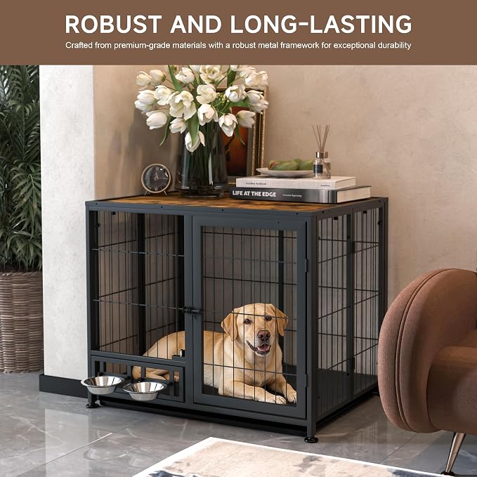 Heavy Duty Dog Crate for Small Dogs, 3 in 1 32.7" Foldable Collapsible Dog Kennel & Playpen with Lockable Wheels & Feeding Bowls, Escape-Proof Metal Dog Cage for Indoor Outdoor Use, Rustic Brown