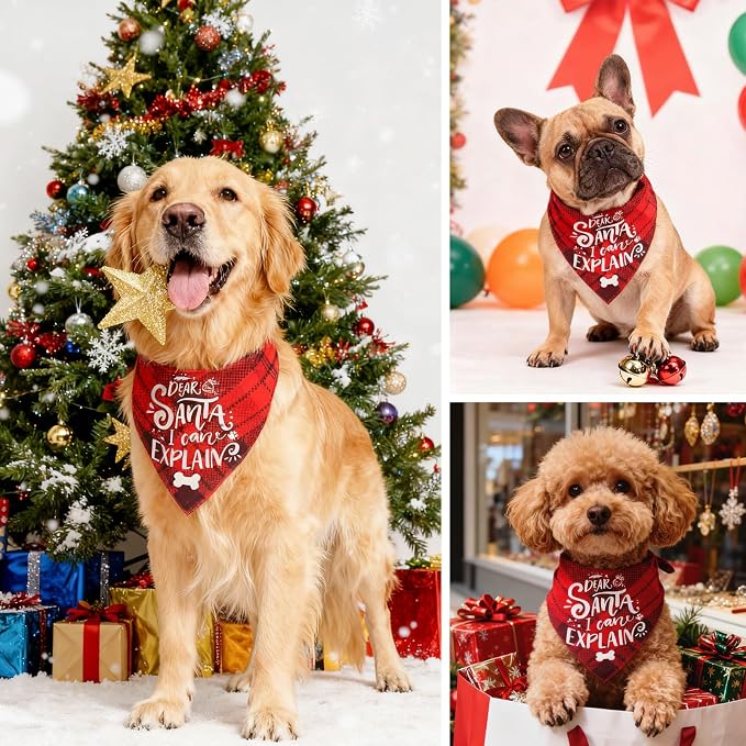 Christmas Dog Bandanas - Dear Santa I Can Explain, Funny Holiday Stocking Stuffers Pet Scarf Naughty & Nice Gifts Idea, Red Plaid, Small & Medium Breed, 5-25lbs