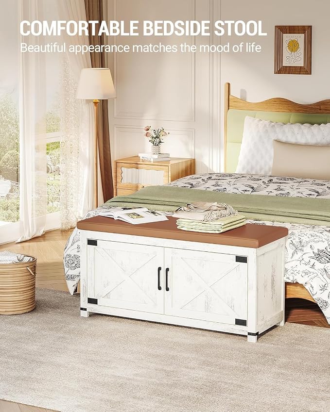 Hzuaneri 39.4" Shoe Storage Bench, with Soft Padded Seat Cushion & Doors | 2 Tier Entryway Storage Bench with Adjustable Shelf, Farmhouse Shoe Cabinet for Living room, Bedroom, Antique White SB26614KA