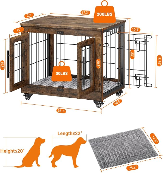 YaFiti Dog Crate Furniture, 27.2" Wooden Indoor Dog Kennel, Rustic Brown | for Small Dogs, Up to 30 lb, Cushion, Wheels, Double Doors, Furniture Style, Side End Table, Decorative Pet Cage House