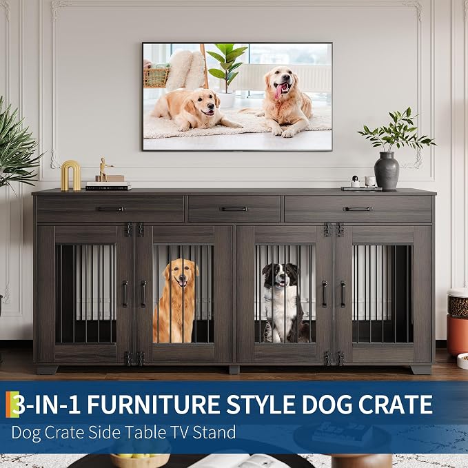 71" Large Dog Crate for 2 Dogs, Double Dog Cage Furniture with 3 Drawers for Ample Storage Space, Furniture Style Indoor Dog Crate & TV Stand, for Large Medium Dogs, Walnut